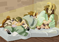 a small warmly lit scene in a brick room of the human character Kaluck cuddling in bed with their two Lynel partners, Hissraad and Jaal, they're all wrapped in their own blue-green blankets and laying on one another on a cot on the floor