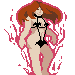 a scantily clad demon woman, her outfit is a g-string and her nipple and genital covers are bats, her dark ginger hair is floating around her, pink energy is coming off of her in whisps