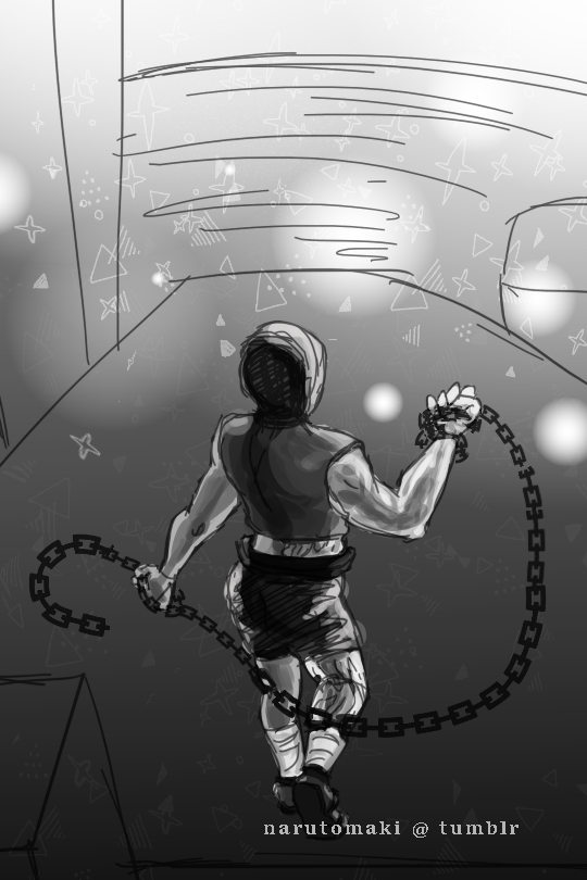 greyscale Uchiha Obito stands facing away from us in a sketchy Kamui environment holding a chain wearing booty shorts and a crop top, the background is overly simplified and he is surrounded by sparkles and light